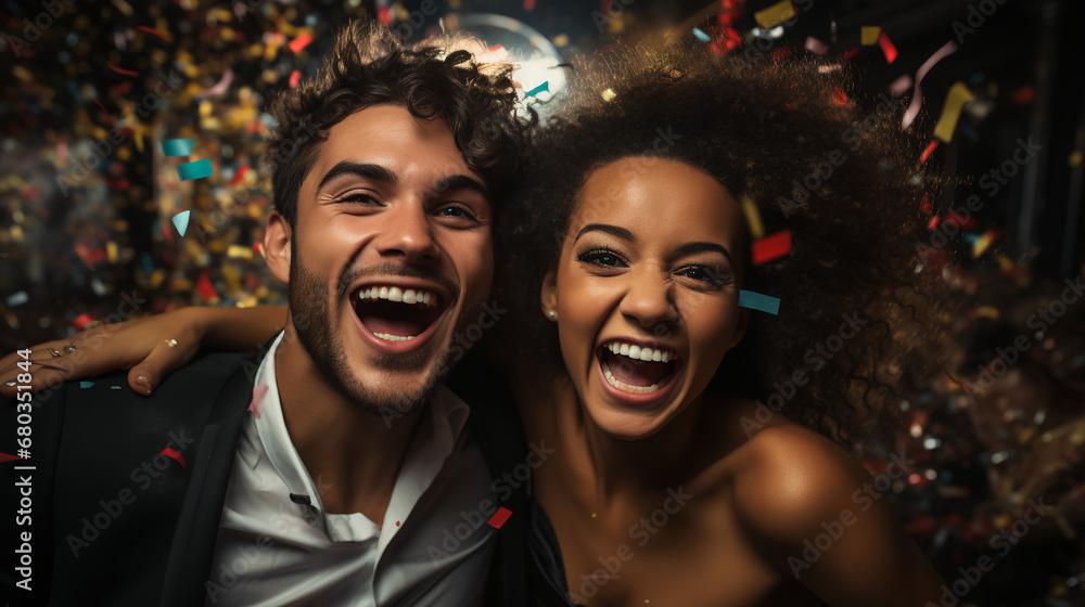 Couple celebrating at a New Year’s Eve Party - confetti - formal dress - happy joy - party - dance - dancing - celebration - ball Couple celebrating at a New Year’s Eve Party - confetti - formal dress - happy joy - party - dance - dancing - celebration - ball