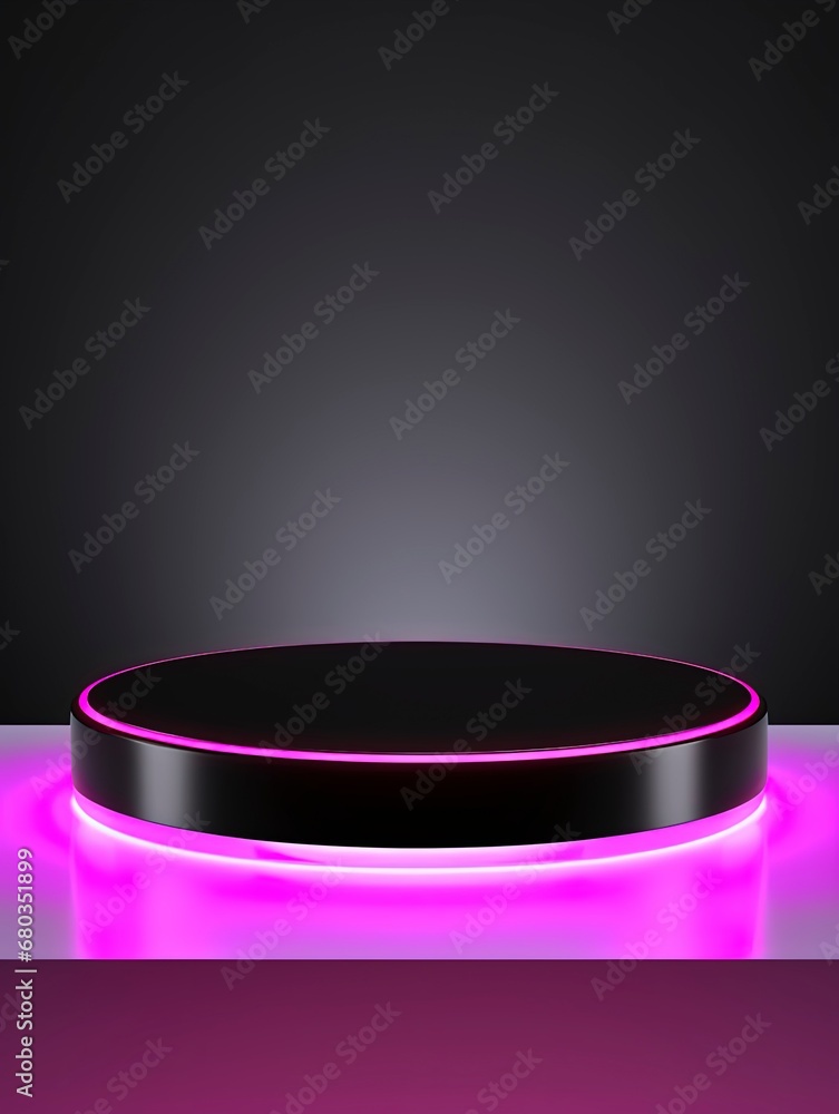 Black Pedestal of platform display with neon modern stand podium room background. Blank Exhibition stage backdrop or empty product shelf, copy space, generative ai Black Pedestal of platform display with neon modern stand podium room background. Blank Exhibition stage backdrop or empty product shelf, copy space, generative ai
