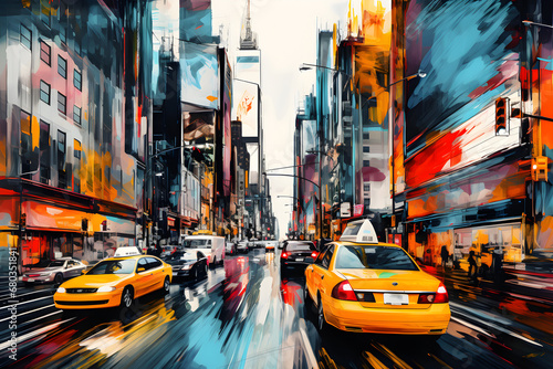 Abstract painting of a busy city street 