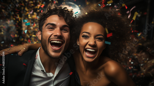 Couple celebrating at a New Year’s Eve Party - confetti - formal dress - happy joy - party - dance - dancing - celebration - ball 