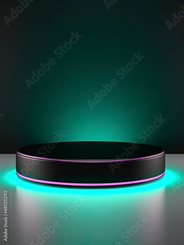 Black Pedestal of platform display with neon modern stand podium room background. Blank Exhibition stage backdrop or empty product shelf, copy space, generative ai