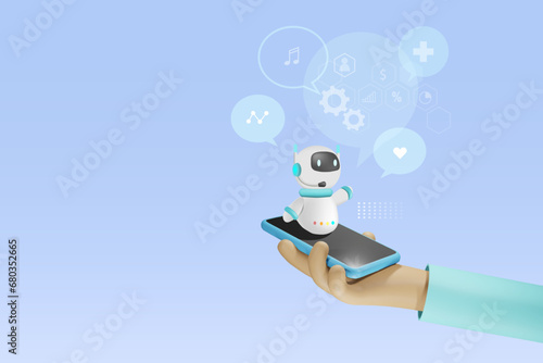 Hand hold smart phone with AI chat bot giving smart solution answer to user. Artificial intelligence robot answer questions provide refinement conversation and ideas. 3D vector.