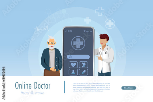 Online consultation, virtual doctor for elderly. Doctor examining senior man health via smartphone medical app. Medical and healthcare innovation technology, healthy aging.