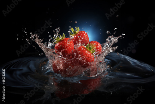Strawberries falling into the water and splashing. Generative AI image.