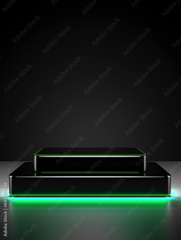 Black Pedestal of platform display with neon modern stand podium room background. Blank Exhibition stage backdrop or empty product shelf, copy space, generative ai Black Pedestal of platform display with neon modern stand podium room background. Blank Exhibition stage backdrop or empty product shelf, copy space, generative ai