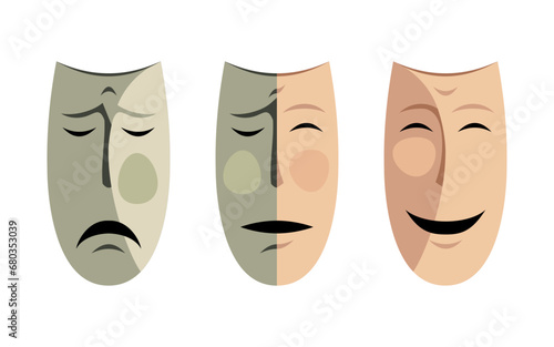Dramatic masks in flat style. Transition from sadness to joy