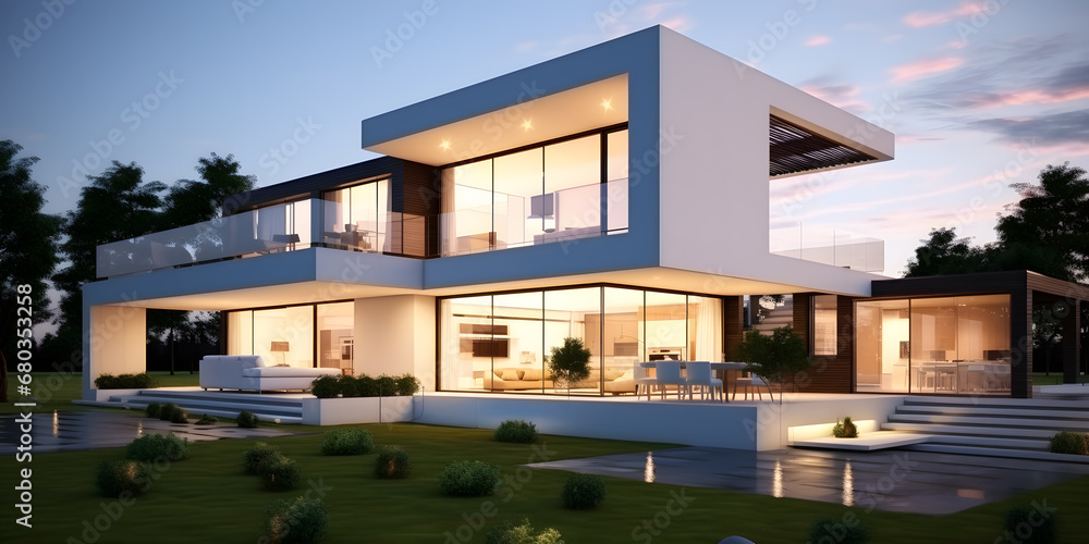 Fototapeta premium Beautiful suburban modern home in the evening, swimming pool, in the style of white and gray