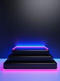 Black Pedestal of platform display with neon modern stand podium room background. Blank Exhibition stage backdrop or empty product shelf, copy space, generative ai