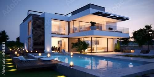 Beautiful suburban modern home in the evening, swimming pool, in the style of white and gray © Black Pig