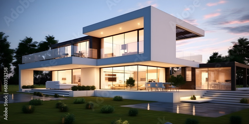 Beautiful suburban modern home in the evening, swimming pool, in the style of white and gray