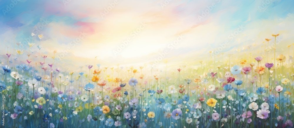 In a mesmerizing abstract floral garden, the sky's vibrant blue reflects off the golden sun, while the lush green grass textures the landscape of nature's summer masterpiece, a true springtime delight