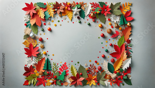 Christmas Celebration Frame  Autumn Leaves and Festive Confetti on Gray
