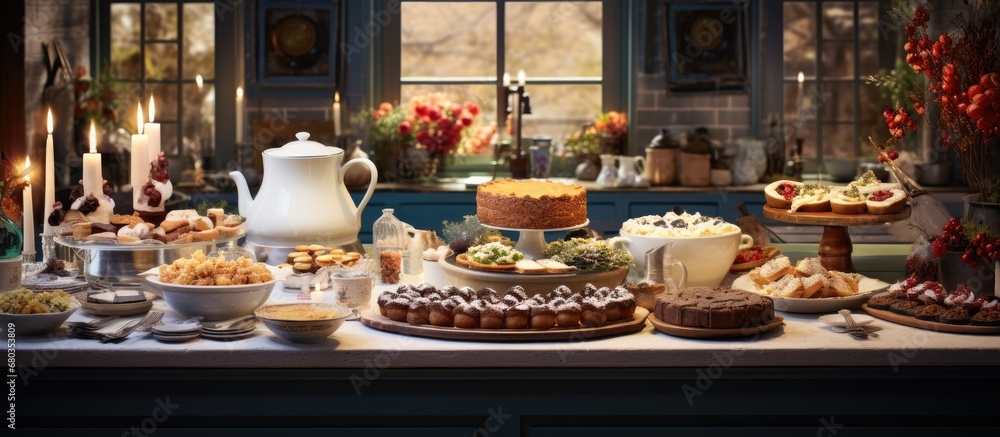 In the bustling kitchen, a blue table laden with food showcased a magnificent spread of milk, cake, pastries, and plates filled with culinary delights for the holiday feast. The baker carefully added