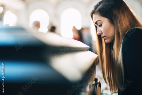 Sad woman at a funeral with flower on coffin after loss of a loved one photo