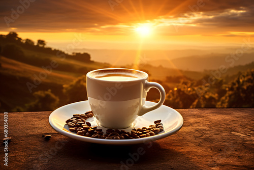 Fresh Hot morning cup of coffee with mountains background