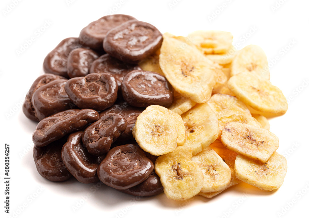Healthy Chocolate Covered Banana Chips and Original Banana Chips Isolated on a White Background