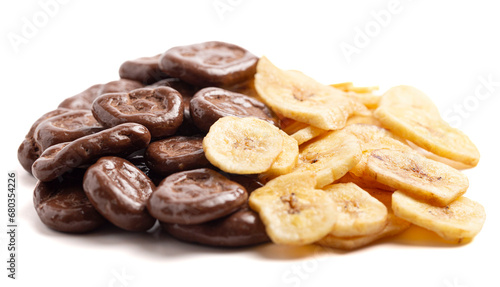 Fototapeta Naklejka Na Ścianę i Meble -  Healthy Chocolate Covered Banana Chips and Original Banana Chips Isolated on a White Background