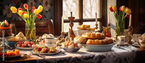 Slava, a Serbian celebration, filled the kitchen with the aroma of freshly baked bread and gourmet cake while the table was adorned with a feast of traditional Easter food, creating a picturesque photo