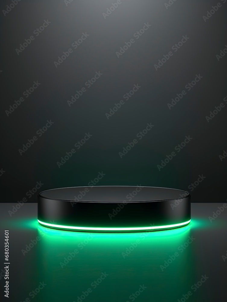 Black Pedestal of platform display with neon modern stand podium room background. Blank Exhibition stage backdrop or empty product shelf, copy space, generative ai Black Pedestal of platform display with neon modern stand podium room background. Blank Exhibition stage backdrop or empty product shelf, copy space, generative ai