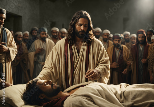 Jesus heals a sick man with people gathering around to witness the miracle. Religious biblical concept.