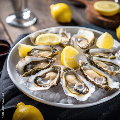 Delicious fresh oysters wth lemon halvess lying on a white plate with ice,close-up, place for text.Generative AI