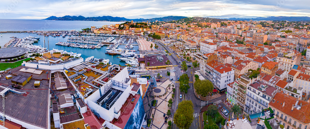 Aerial view of Cannes, a resort town on the French Riviera, is famed for its international film festival