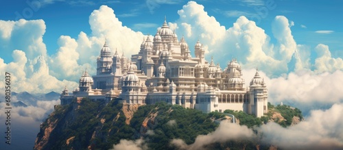 In the breathtaking landscape of India, the white clouds floated lazily in the blue sky, creating a picturesque background for the majestic mountains and the impressive architecture of the buildings photo
