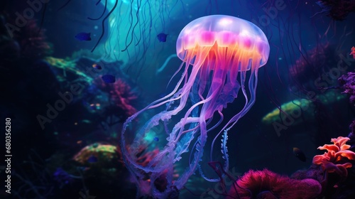 A jellyfish floating in the ocean surrounded by coral. Generative AI. photo