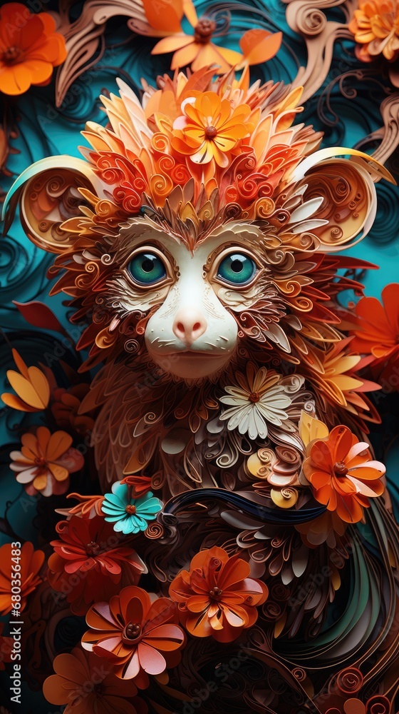 A close up of a sculpture of a cat surrounded by flowers. Generative AI. A close up of a sculpture of a cat surrounded by flowers. Generative AI.