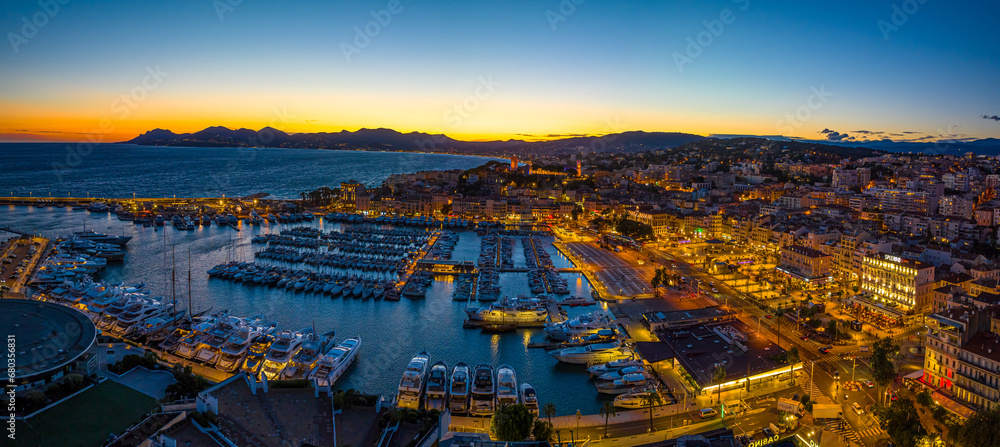 Aerial view of Cannes, a resort town on the French Riviera, is famed for its international film festival