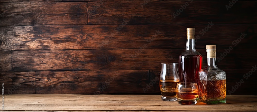On an old wooden board, a bottle of whiskey sat amidst a plethora of aged alcohols rum, tequila, booze, cognac, bourbon, and moonshine. Adjacent to them, a glass of brandy gleamed, enticingly