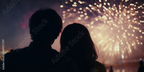 Wide shot of a couple enjoying a mesmerizing fireworks display in the night sky together.