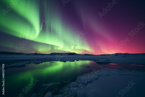 A captivating panoramic view of the Northern Lights, displaying a spectacular array of colors across the night sky, creating a magical and awe-inspiring spectacle.  © Kishore Newton
