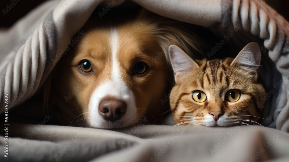 A serene tabby cat and a border collie share a warm embrace under a soft blanket, depicting pet companionship.
