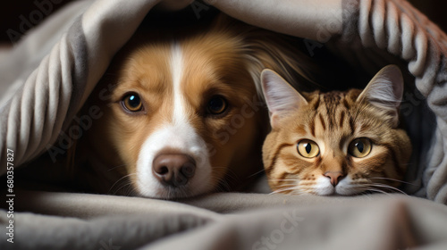 A serene tabby cat and a border collie share a warm embrace under a soft blanket, depicting pet companionship. 
