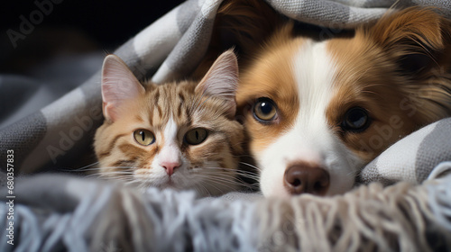 Two alert pets, a cat and a dog, peer out curiously from their warm hiding, showcasing their striking eyes and soft fur. An endearing image depicting the gentle nature of home animals. 