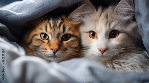 Two majestic cats with captivating eyes gaze out from a snug embrace, surrounded by plush blankets. Their luxurious fur and deep gaze speak of elegance and mystery. 