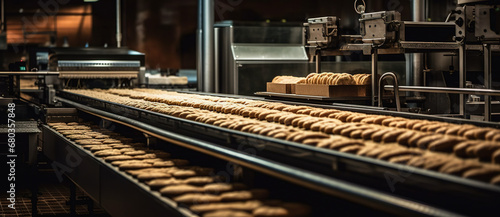 Automated conveyor belt moves bread in a bakery. Generative AI