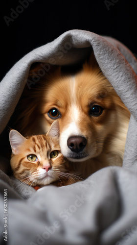 A dog and cat comfortably nestled in a grey hoodie, their close proximity highlighting the beauty of animal companionship.  © Liana