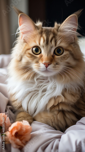 A majestic Maine Coon cat gazes serenely, surrounded by soft pink flowers, epitomizing the elegance and calm of a well-loved indoor pet.
