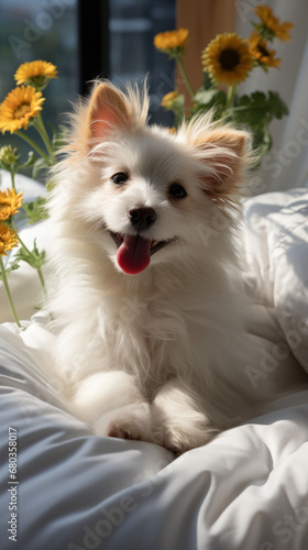 A joyful white dog with a fluffy coat sits among sunlit flowers, its tongue out in a happy pant. The image is a celebration of cheerful pet moments.  © Liana