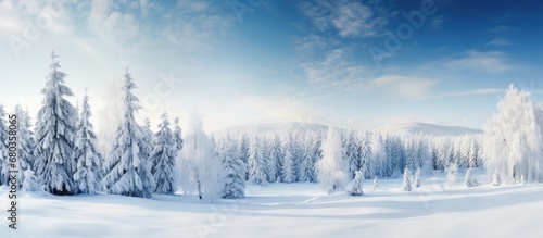 On a beautiful winter day, the snow-covered forest glistened under the blue sky as nature's delicate touch transformed the landscape into a stunning Christmas scene, where the white trees and icy wood