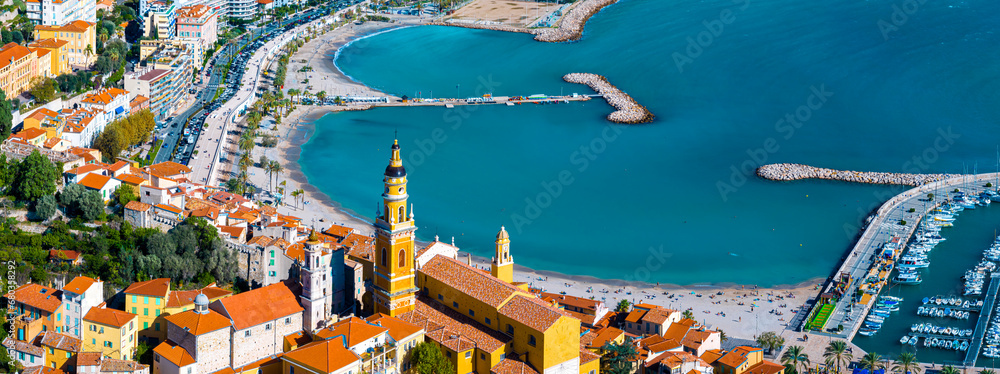 View of Menton, a town on the French Riviera in southeast France known for beaches and the Serre de la Madone garden