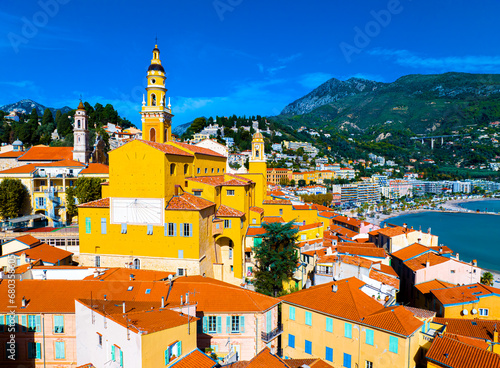 View of Menton, a town on the French Riviera in southeast France known for beaches and the Serre de la Madone garden photo