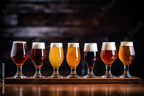 Glasses with craft beer on wooden bar. Tap beer in pint glasses arranged in a row. Closeup of five glasses of different types of draught beer in a pub © Boraryn