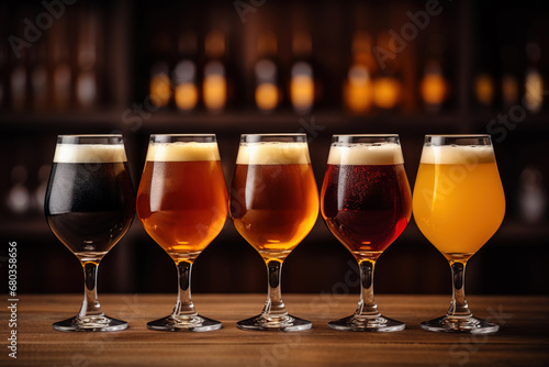 Glasses with craft beer on wooden bar. Tap beer in pint glasses arranged in a row. Closeup of five glasses of different types of draught beer in a pub