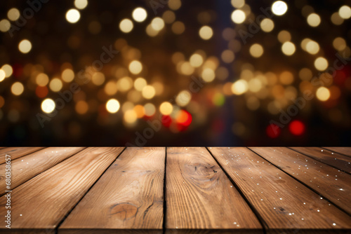Wooden table with the background of white bokeh Christmas,product mockup and backdrop