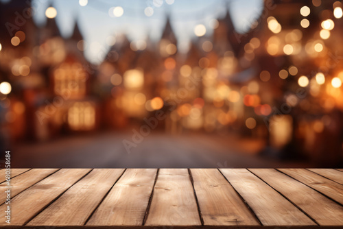 Wooden table with the background of white bokeh Christmas,product mockup and backdrop