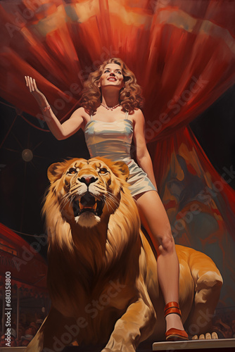 woman with lion in bigtop vintage circus painting	 photo