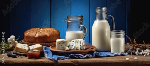 In an isolated old wooden cottage surrounded by a blue background, a healthy meal is being prepared with fresh milk and cheese made from sheeps milk, creating a delicious dessert that depicts a